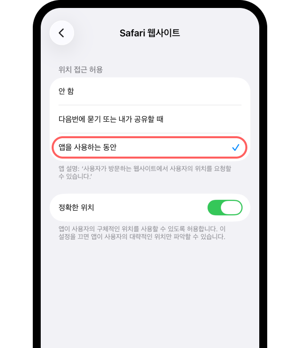 iOS 사용자 웹설정 화면