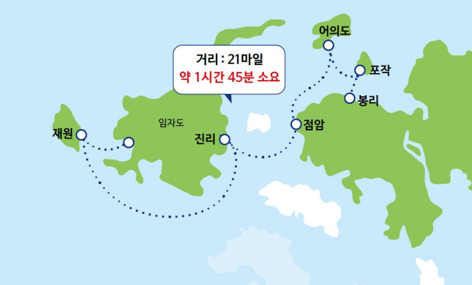 항로명 - 진리-재원, 거리 21마일, 약 1시간 45분 소요