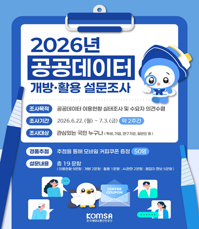 2026년 공공데이터 개방 및 활용 설문조사
(조사목적) 공공데이터 이용현황 실태조사 및 수요자 의견수렴
(조사기간) 2026.6.22.(월) ~ 7.3.(금) (약 2주간)
(조사대상) 관심있는 국민 누구나(학생, 기업, 연구기관, 일반인 등)
(경품추첨) 추첨을 통해 모바일 커피쿠폰 증정(50명)
(설문내용) 총 19문항